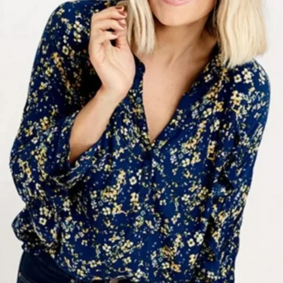 Lauren Conrad Blouse Teal & Yellow Gold Floral, Ruffles, 3/4 Sleeve, Feminine XL - Picture 3 of 16